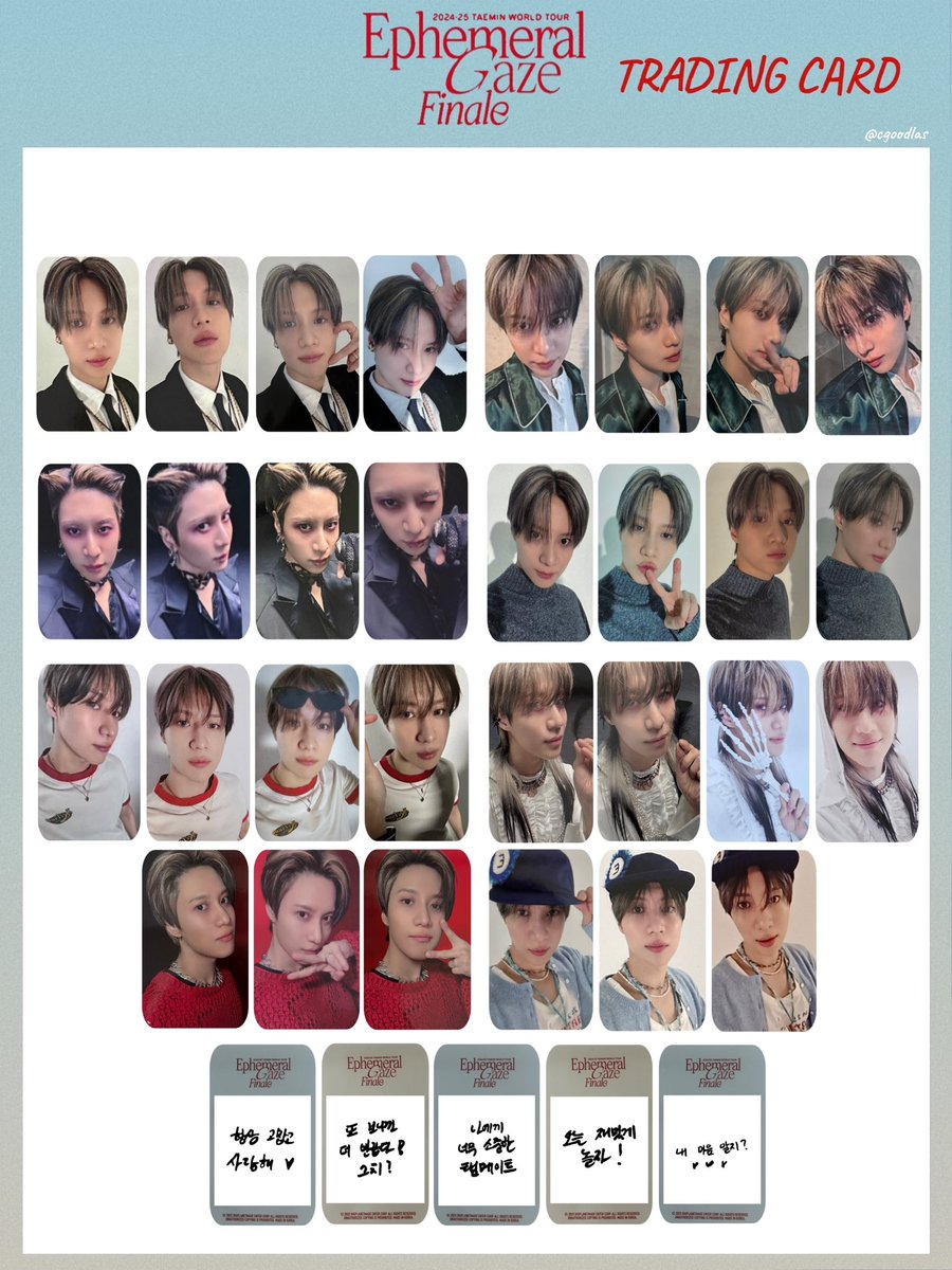 cgoodlas's tweet photo. 🖤 2025 TAEMIN WORLD TOUR 
[Ephemeral Gaze] Finale 
Official MD Trading Card List 🖤

태민 파이널 콘서트 트레카 포토카드

#TAEMIN #태민 #샤이니 #SHINee
#Ephemeral_Gaze https://t.co/CkILNhb6Xs