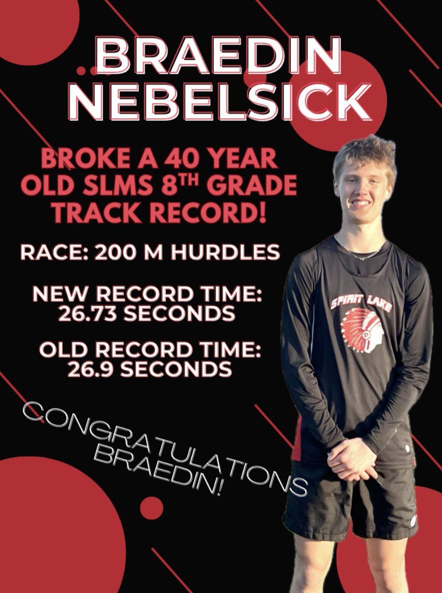 Congratulations to Braedin on setting a new record SLMS 8th Grade time in the 200 M Hurdles. Way to go Braedin!!! <a href="/SpiritLakeIA/">Spirit Lake Schools</a> <a href="/SpiritLakeTrack/">Spirit Lake Track & Field (Boys and Girls)</a>