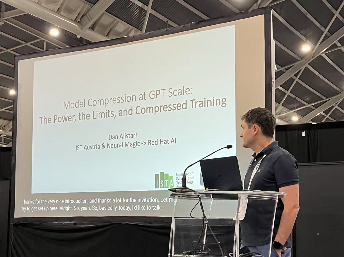 Shiwei Liu (@shiwei_liu66) on Twitter photo Our ICLR 2025 Workshop on Sparsity in LLMs (<a href="/sparseLLMs/">Sparsity in LLMs Workshop at ICLR 2025</a>) kicks off with a talk by <a href="/DAlistarh/">Dan Alistarh</a> on lossless (~1% perf drop) LLM compression using quantization across various benchmarks. Our ICLR 2025 Workshop on Sparsity in LLMs (<a href="/sparseLLMs/">Sparsity in LLMs Workshop at ICLR 2025</a>) kicks off with a talk by <a href="/DAlistarh/">Dan Alistarh</a> on lossless (~1% perf drop) LLM compression using quantization across various benchmarks.