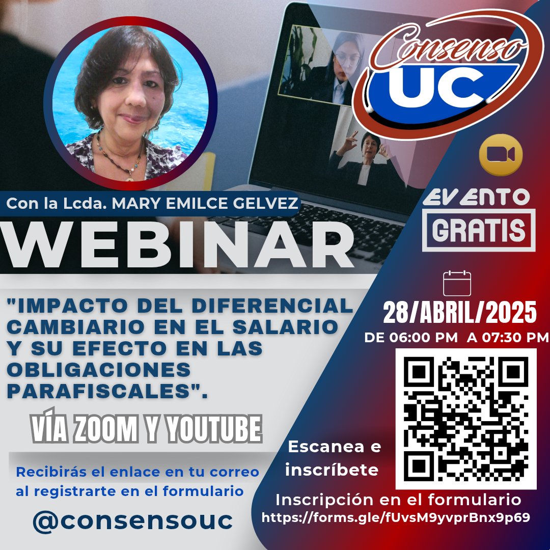 Atención traemos el evento para entender la incertidumbre económica.
🗓️"Impacto del diferencial cambiario en el salario y su efecto en las obligaciones parafiscales"
Con participación de Mary Emilce Gelvez <a href="/maryemilce/">Maria emilia cabral</a>.
Regístrate ahora forms.gle/5z7xgfYvTZnhgV… 
vía zoom y YouTube.