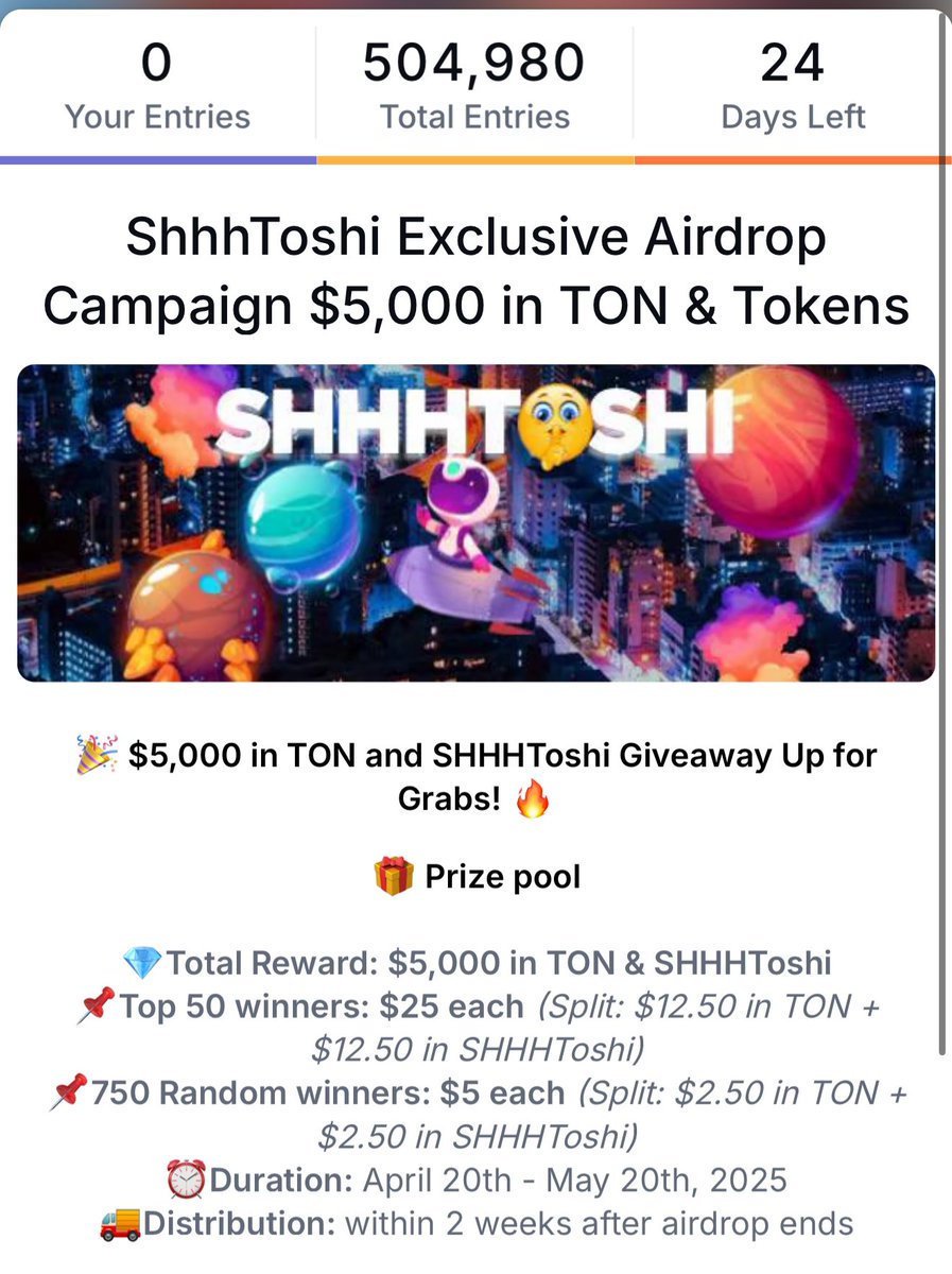 ShhhToshiFam, 505K+ Entries Already!
The momentum is REAL!
If you haven’t joined yet, you’re seriously missing out!
Jump in while you still can. Epic rewards await!

#ShhhToshi #TON #CryptoGiveaway #MemeCoinSeason $SHHHT #ShhhToshiFam #Airdrop #meme
