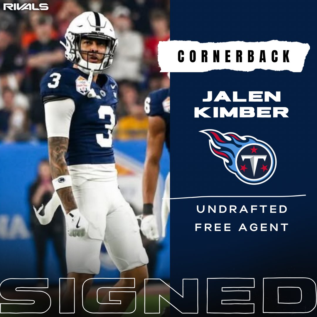 Penn State Nittany Lions | Happy Valley Insider (@pennstaterivals) on Twitter photo Penn State Football CB Jalen Kimber (<a href="/J_BOOGIE_6/">Jalen Kimber</a>) has signed an UDFA contract with the Tennessee Titans per reports.
👉 tinyurl.com/PSUNFLDraft25 Penn State Football CB Jalen Kimber (<a href="/J_BOOGIE_6/">Jalen Kimber</a>) has signed an UDFA contract with the Tennessee Titans per reports.
👉 tinyurl.com/PSUNFLDraft25