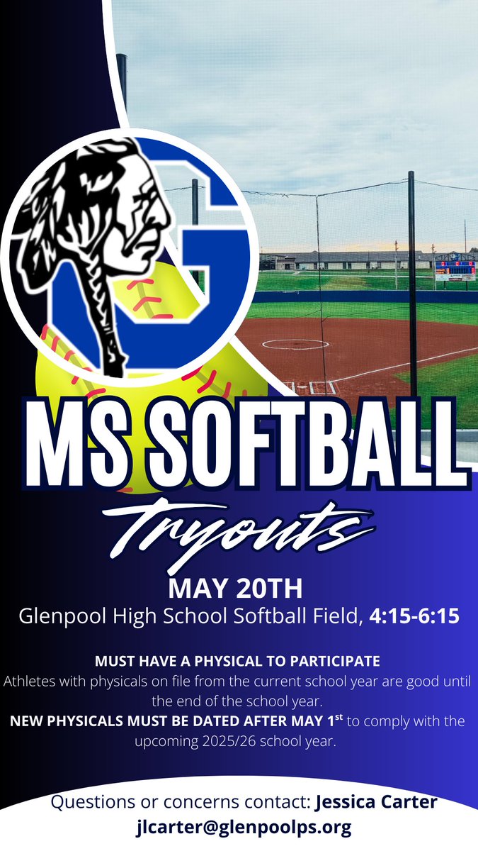 Mark your calendars, tryout dates and times for MS and HS softball!
