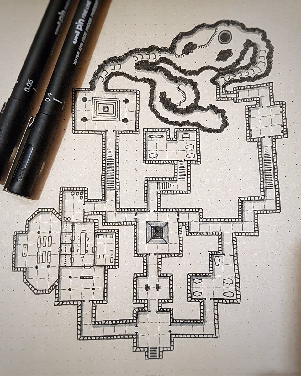 Some bullshaitte (1st level) dungeon before keying. Fucking around with a lair/crypt/cave. Actually just wanted to draw something. Good night to all.
#DnD #ADnD