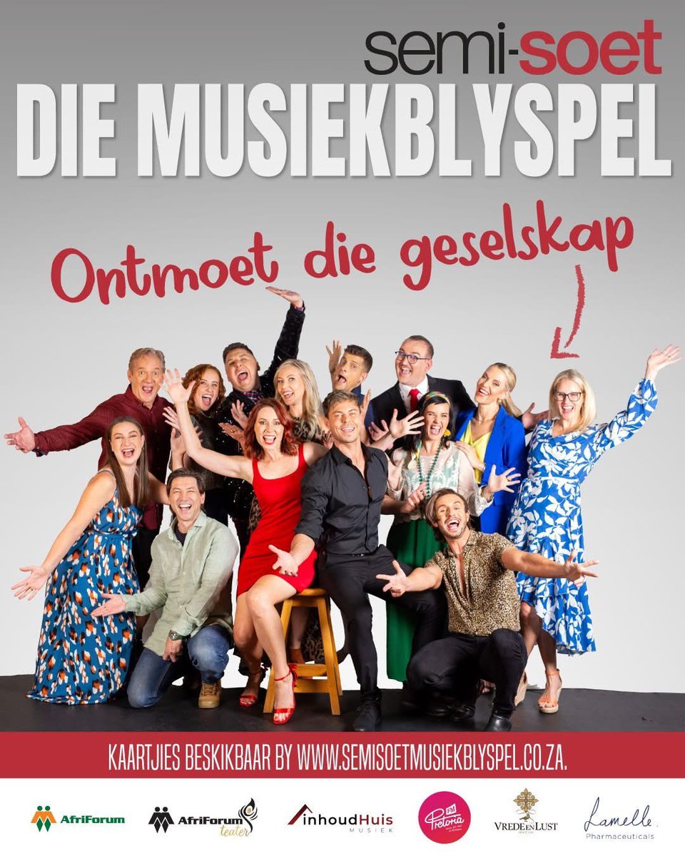 Ons repeteer dat die spoeg spat en die druiwe bars! Het jy al jou kaartjies? As julle net helfte so baie pret gaan hê in die gehoor as wat ons op die verhoog het gaan dit die moeite werd wees!

Bespreek nou by: semisoetmusiekblyspel.co.za 
Vanaf 7 Mei by Die Afriforum Teater.