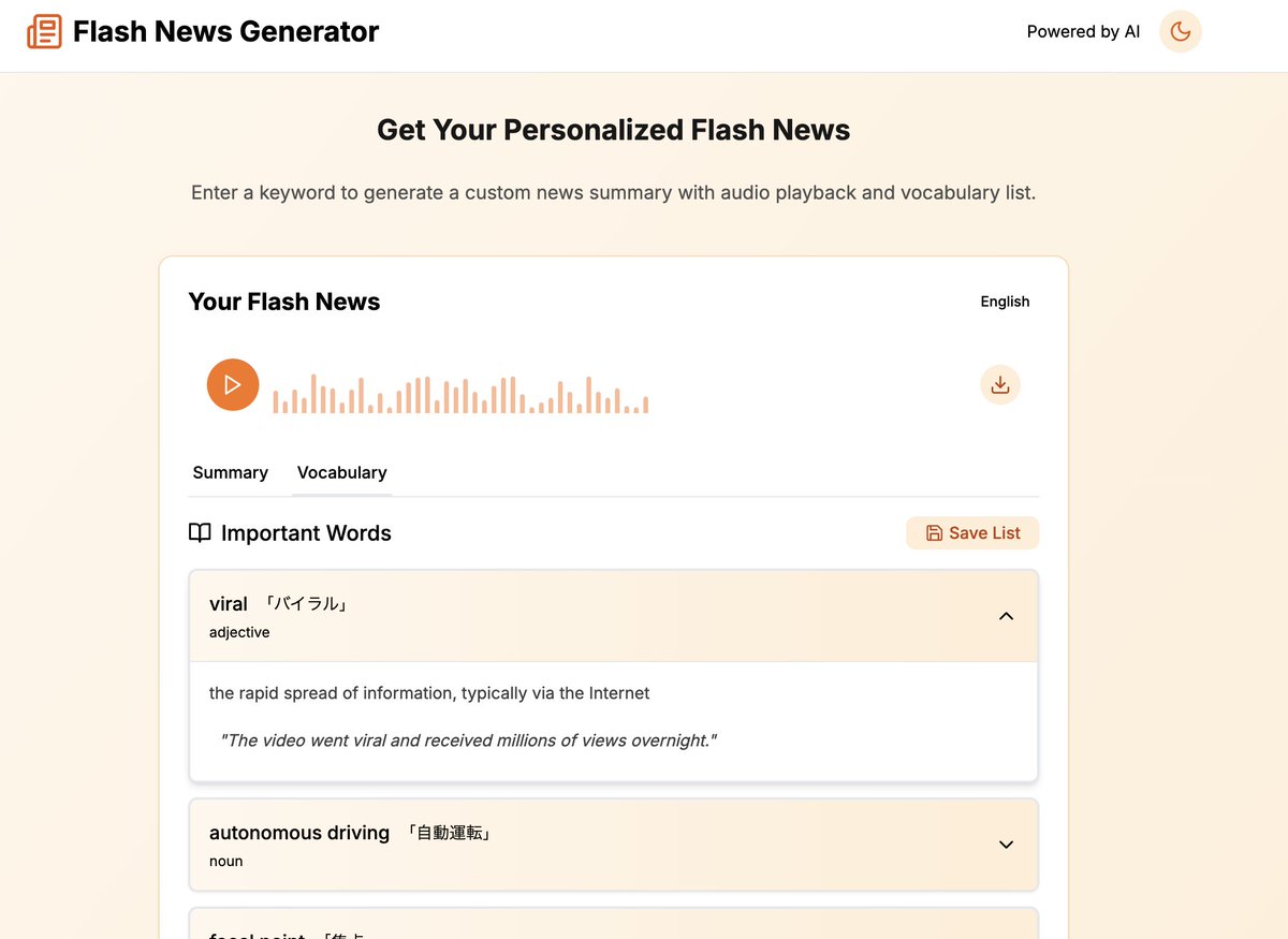 toecheese's tweet image. 巷で話題のvibe codingなミニアプリ第3弾。
通勤時間の勉強用に
「気になるトピックでニュース収集・要約して読み上げる＋出現単語も学べる」アプリを作ってみた
自分専用のNewsPodcastな感じでとてもよい　#vibecoding #stackblitz #ai #バイブコーディング