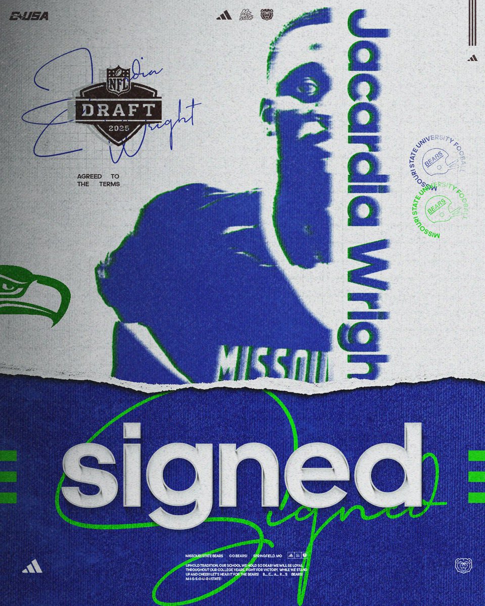 Missouri State Football (@mostatefootball) on Twitter photo From the 4️⃣1️⃣7️⃣ to the 2️⃣0️⃣6️⃣,
Congrats to our guy <a href="/JacardiaW/">Jacardia Wright</a> for signing with the @seahawks !!
You got a good one, Seattle! 😤💪
#OutHitOutHustle | #ProveIt From the 4️⃣1️⃣7️⃣ to the 2️⃣0️⃣6️⃣,
Congrats to our guy <a href="/JacardiaW/">Jacardia Wright</a> for signing with the @seahawks !!
You got a good one, Seattle! 😤💪
#OutHitOutHustle | #ProveIt