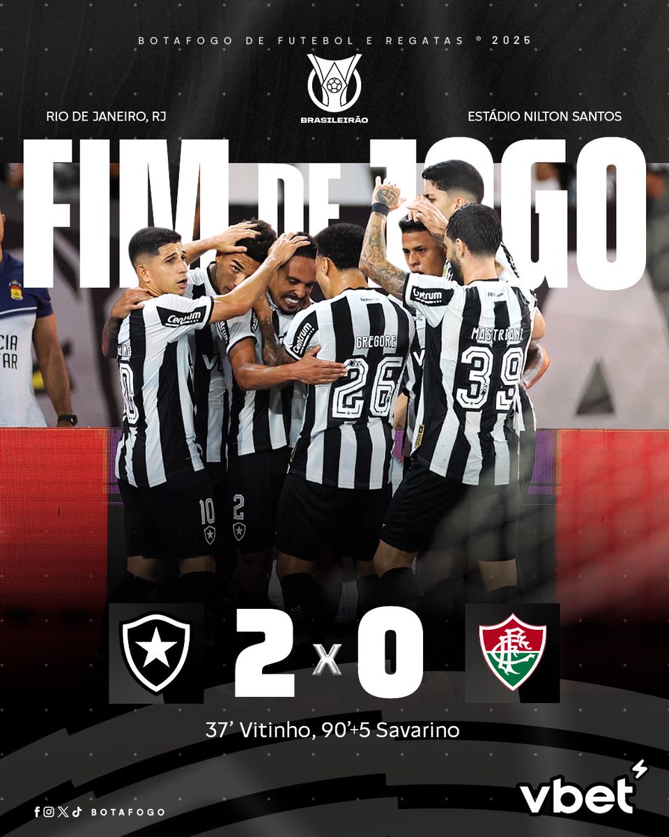 VENCEMOS DE NOVO! 🔥⚽️

Com grande jogo no Nilton Santos, Botafogo vence o Fluminense por 2 a 0. Vitinho e Savarino marcaram para o Fogão! ⚽️🏟️ #VamosBOTAFOGO

É A OITAVA VITÓRIA SEGUIDA SOBRE O RIVAL!  😁