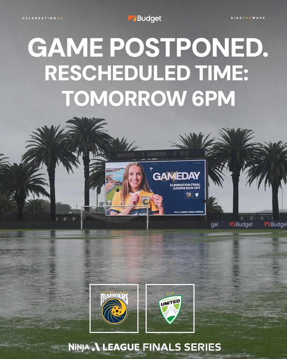 CCMariners's tweet photo. Today's Elimination Final has unfortunately been postponed, with over 100mm of rain falling at Industree Group Stadium since last night 🌧

The game has been rescheduled, with kick-off now at 𝟔𝐏𝐌 𝐓𝐎𝐌𝐎𝐑𝐑𝐎𝐖 🗓

Information for ticket holders will be provided shortly 📭 https://t.co/tiyw2xH0KT