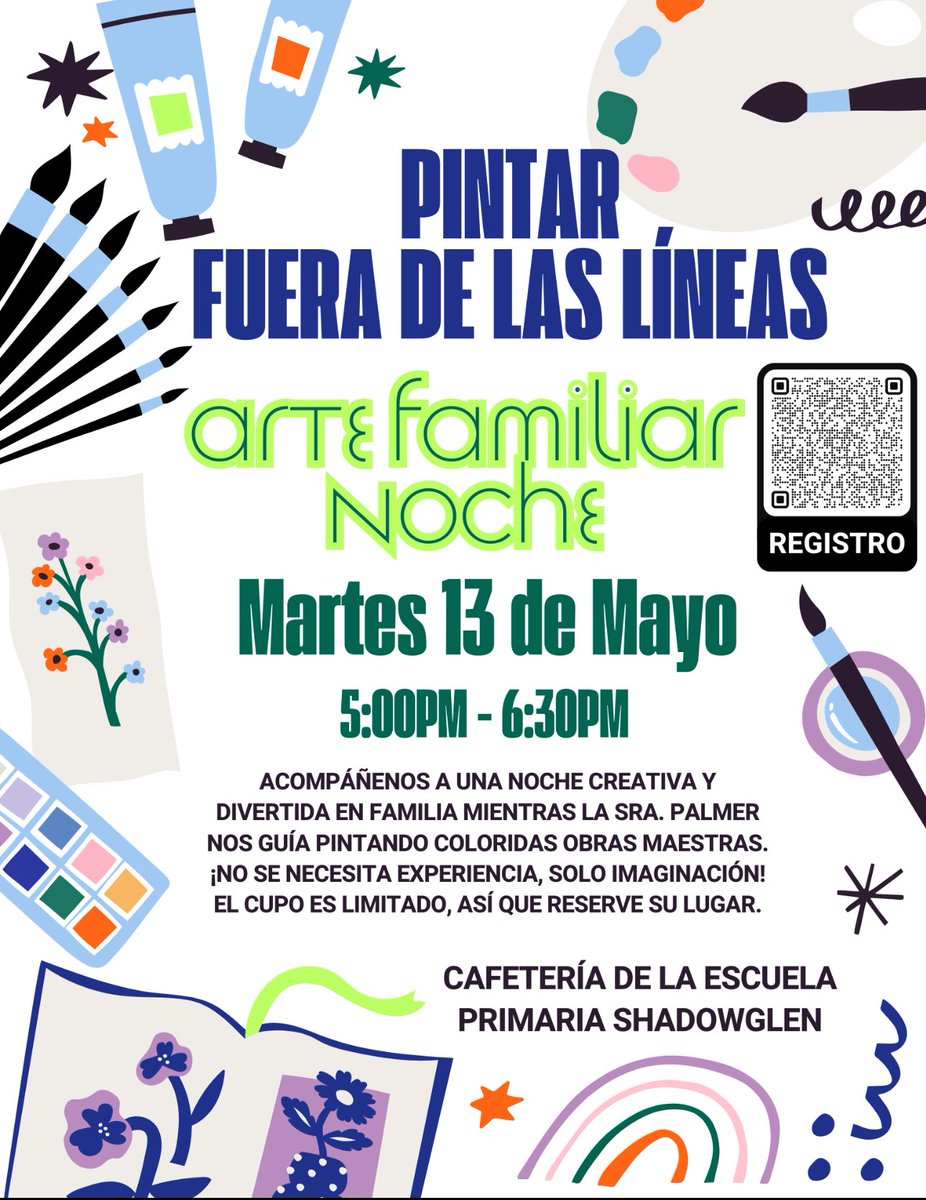 🎉🎨📣SGE Families, We Invite You to Join Painting Outside the Lines - Family Art Night: Hosted by Ms. Raney on Tuesday, May 13th, from 5:00pm-6:30pm. Join us for an imaginative evening of family fun as Ms. Palmer guides us step-by-step in creating a masterpiece! 💙💚