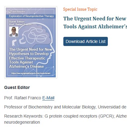 ExplorNeuroprot's tweet photo. 🚀 Special Issue Alert!
🧠"The Urgent Need for New Hypotheses to Develop Effective Therapeutic Tools Against Alzheimer's Disease"
@CiberUb
🔗https://t.co/iJWccPZ1w2
#Neuroscience #Alzheimersdisease #neuroprotection #OpenAccess #neuronaldeath #neuronalsurvival #synapticplasticity https://t.co/e46n3dnoFu