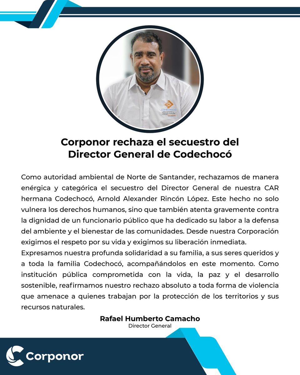Desde Corponor rechazamos el secuestro del Director   de <a href="/CodechocoCar/">CODECHOCÓ</a>, Arnold Alexander Rincón. Exigimos su liberación inmediata y expresamos toda nuestra solidaridad a su familia y a nuestra CAR hermana Codechocó.