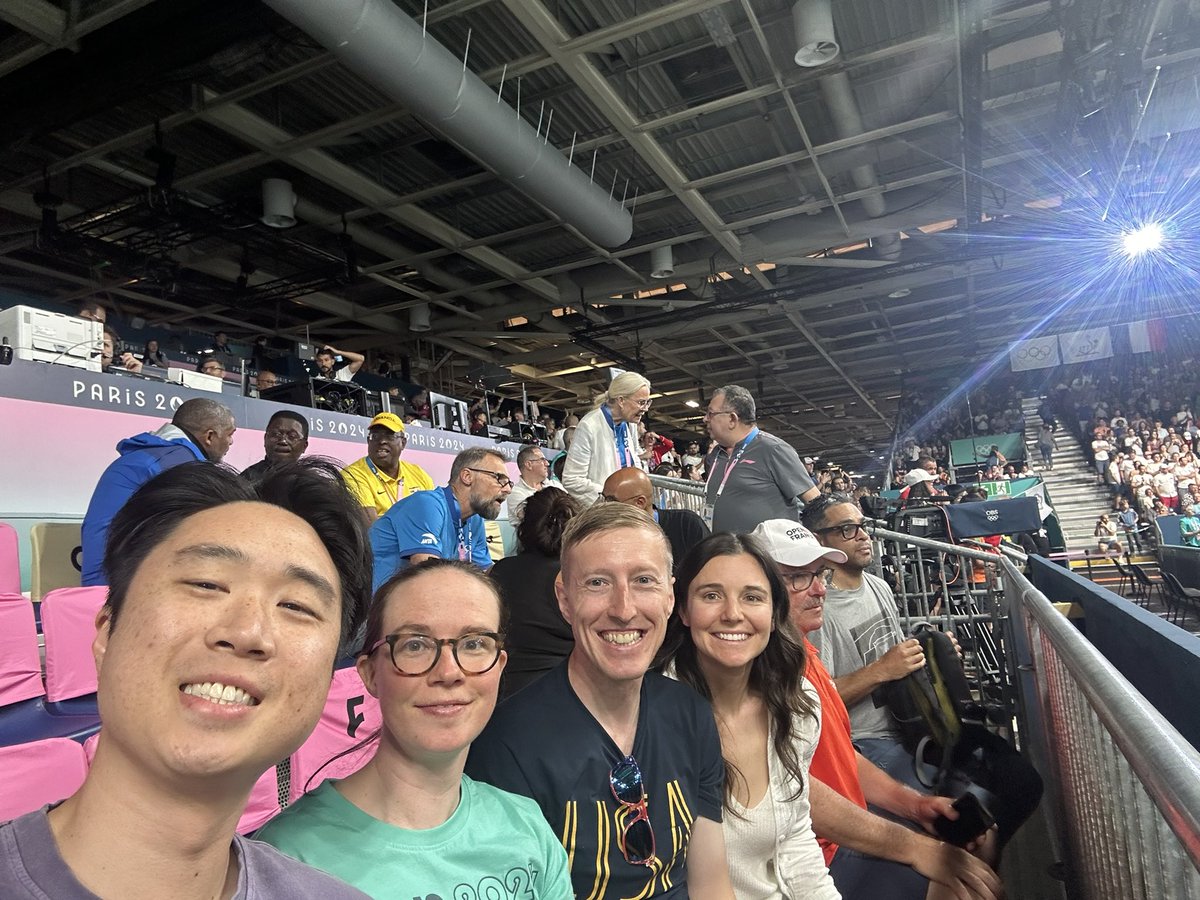 MarcIsTraveling's tweet photo. Day 3: pastries, Table Tennis (Keith/Annie, first row, section w ITTF President, confusion on format (doubles/singles), bouncing on feet), arc de triumph/Notre dame in distance, BVball 2x (best venue, US men's and women's, second w Bri (Qatari men), sprint to Eiffel sparkle) https://t.co/PfZj6S7oGv