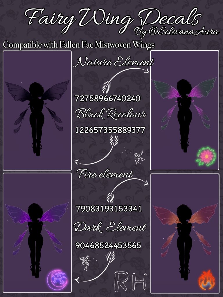 Fairy wing decals for Royale high!!!

(づ ◕‿◕ )づ

Compatible with the new Fallen Fae Mistwoven Wings

#royalehigh #royalehighdecals #royalehighupdate