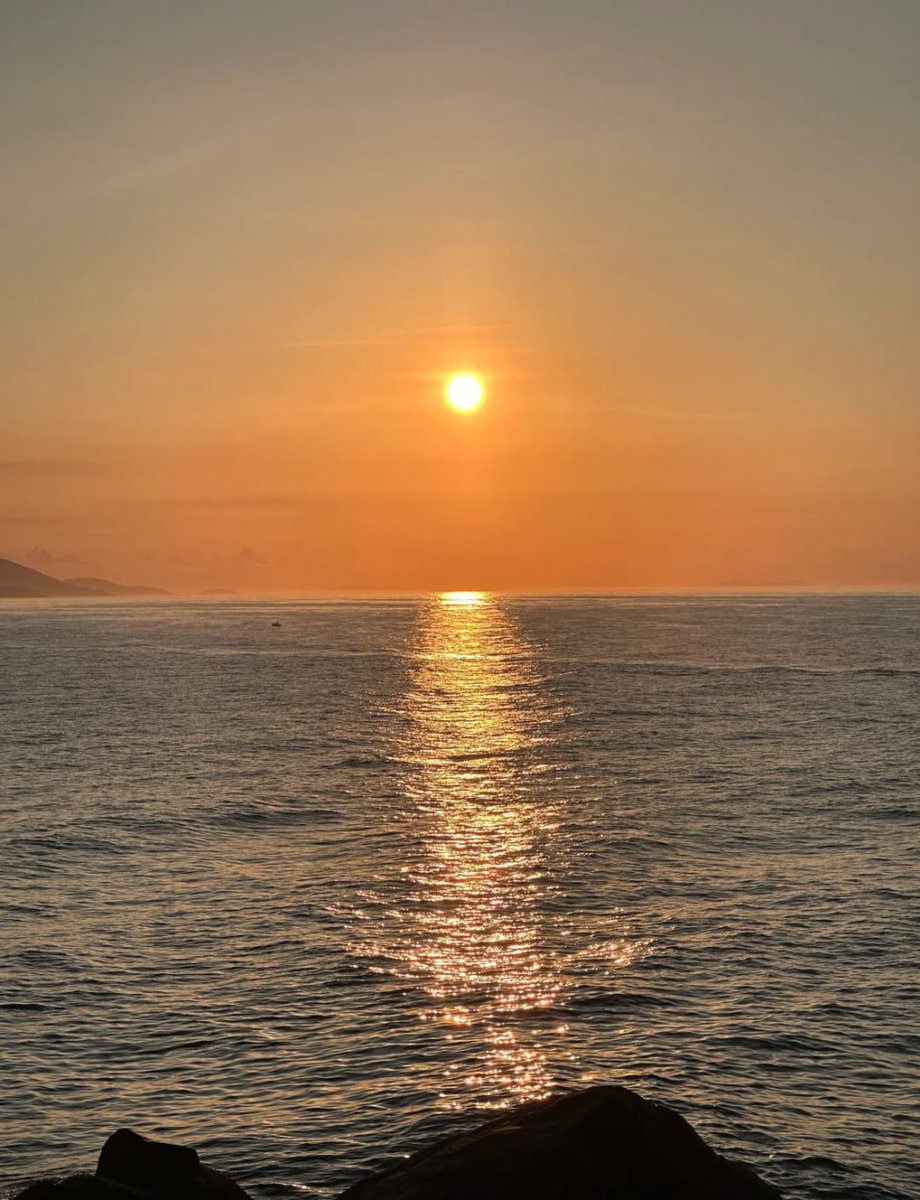 暖かい夕日が海面に照らし、黄金の輝きが天と地を繋いでいるように感じられる。この静かなひとときを心から大切に🌅✨。