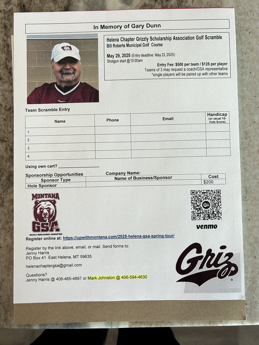 Mark Johnston (@markjoh67480372) on Twitter photo ❗️Griz Fans❗️
In memory of longtime Helena Chapter Board Member, Gary Dunn, let’s show our support by filling the Helena GSA Golf Scramble on May 29th at Bill Roberts. Share this post and let’s support Grizzly Athletics in a way that would make Gary proud! <a href="/MontanaGSA/">Grizzly Scholarship Association</a> ❗️Griz Fans❗️
In memory of longtime Helena Chapter Board Member, Gary Dunn, let’s show our support by filling the Helena GSA Golf Scramble on May 29th at Bill Roberts. Share this post and let’s support Grizzly Athletics in a way that would make Gary proud! <a href="/MontanaGSA/">Grizzly Scholarship Association</a>