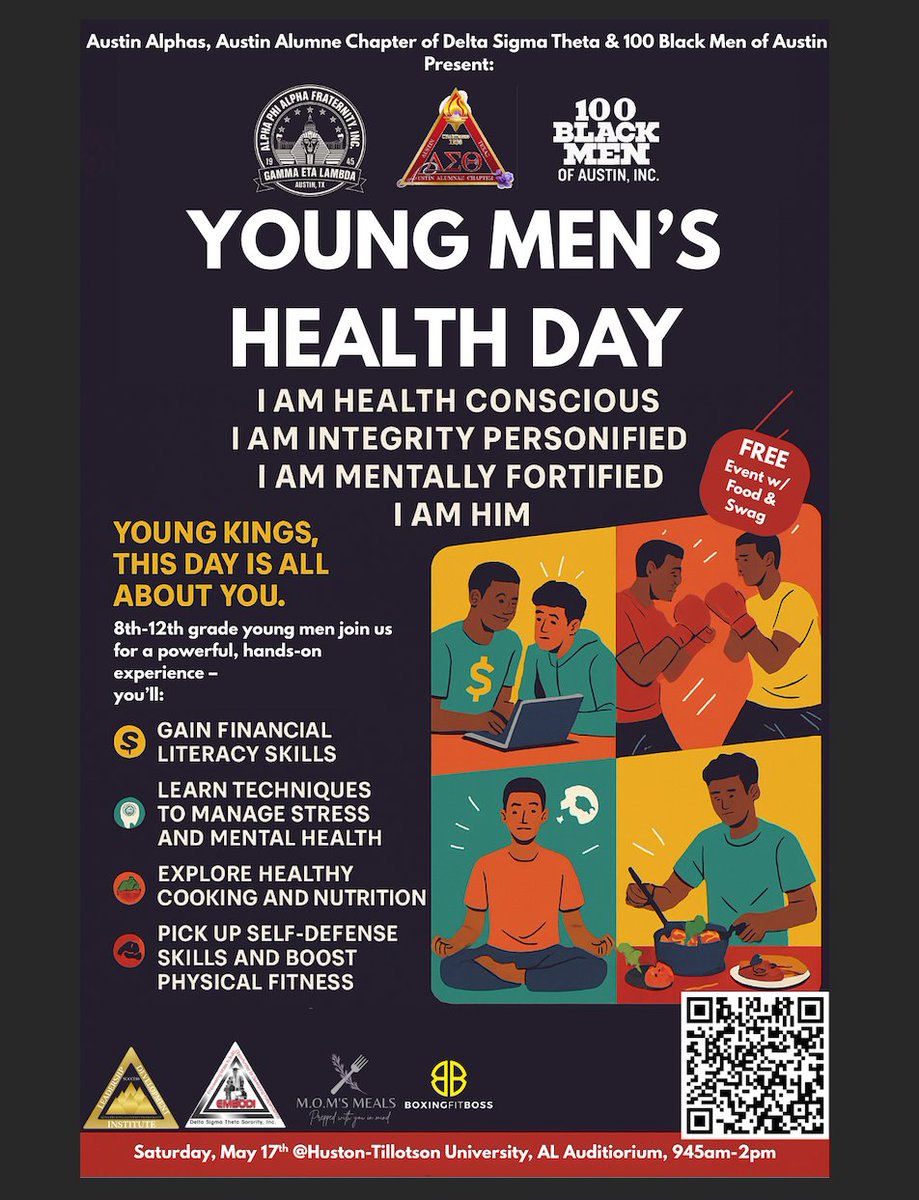 austin_alphas's tweet photo. 🚀 Young Men’s Health Day | Sat May 17
📍 Huston-Tillotson Univ. | 9:45am –2pm

For Black boys (8th–12th grade):
🧠 Mental health
💰 Money moves
🥊 Self-defense
🥗 Nutrition
Theme: I AM HIM

FREE food + swag. Let’s pour into our boys

🔗 RSVP: https://t.co/vSDfaboi21 https://t.co/SuX4sFLeSn