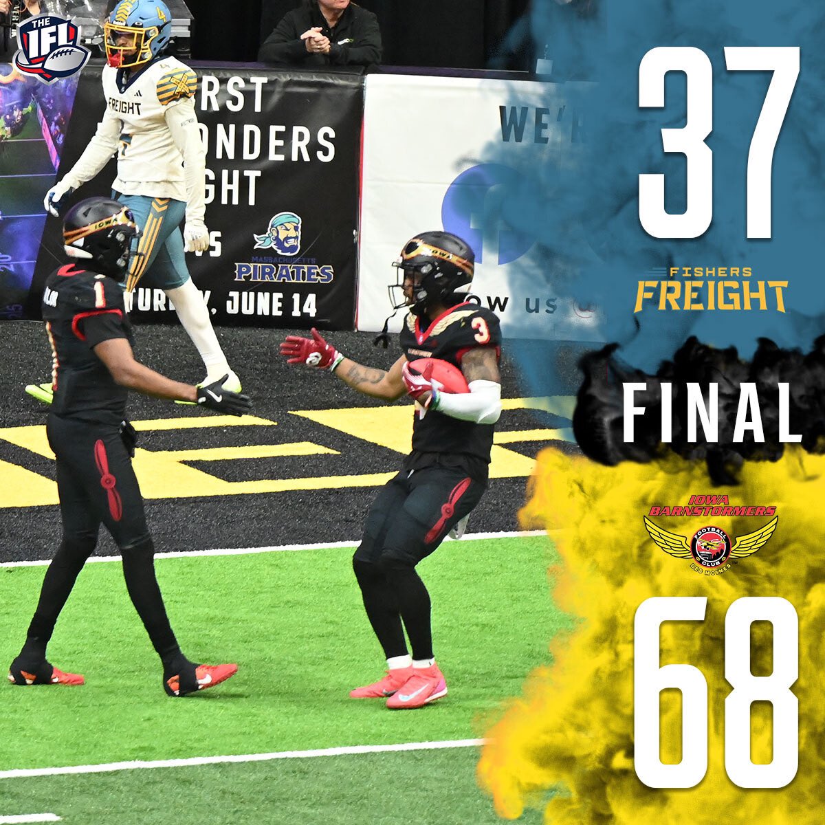 IndoorFL's tweet photo. Your final score from Iowa! 👀 The @iabarnstormers get their first win of the season and do it at home! Tune into the IFL network now to catch the end of Saturdays slate of week 6! 🏈 #TheMajorLeagueOfIndoorFootball #TheIndoorWar #IFL https://t.co/hga8hyNNly