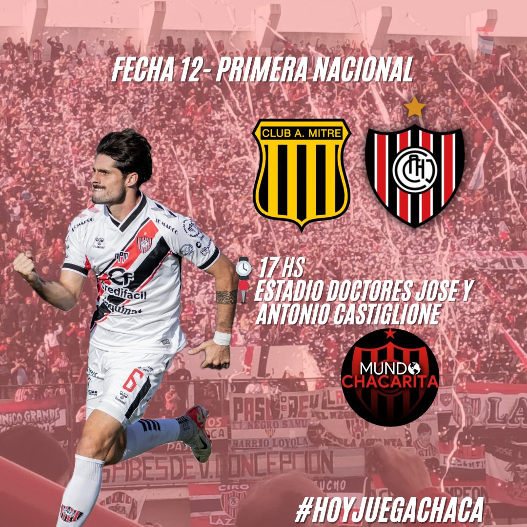 #HoyJuegaChaca

🆚️ Mitre (SGO) 
⌚️ 17 hs
👨‍⚖️ Javier Delbarba 
📻 FM 101.9 <a href="/Sol_de_Octubre/">FM Sol de Octubre</a> y FM 103.9 <a href="/NdRradio/">NdR Radio FM 103.9</a>
📺 Facebook Live: Mundo Chacarita
