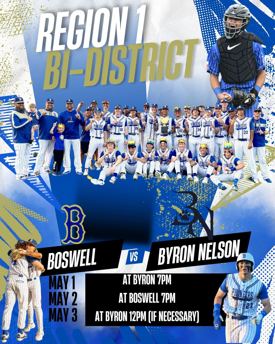 Boswell Baseball (@baseballboswell) on Twitter photo Region 1
6A Bi-District
The series is set!
🗓️: Thursday, May 1st
📍: Byron Nelson
⏰: 7pm
🗓️: Friday, May 2nd
📍: Boswell
⏰: 7pm
If necessary:
🗓️: Saturday, May 3rd
📍: Byron Nelson
⏰: 12pm
<a href="/emsisdathletics/">EMS ISD Athletics</a> <a href="/6ATxHSBaseball/">6ATxHSBaseball</a> Region 1
6A Bi-District
The series is set!
🗓️: Thursday, May 1st
📍: Byron Nelson
⏰: 7pm
🗓️: Friday, May 2nd
📍: Boswell
⏰: 7pm
If necessary:
🗓️: Saturday, May 3rd
📍: Byron Nelson
⏰: 12pm
<a href="/emsisdathletics/">EMS ISD Athletics</a> <a href="/6ATxHSBaseball/">6ATxHSBaseball</a>