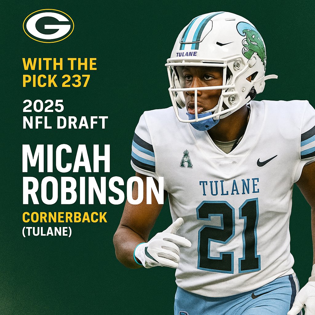 Packers_Mx's tweet photo. En la Ronda 7 con el pick #237 del Draft 2025, los Green Bay Packers seleccionaron al CB Micah Robinson (Tulane).
Esquinero ágil y veloz, con experiencia en Furman y Tulane.
#PackersDraft #NFLDraft https://t.co/FH7TvUlnCJ