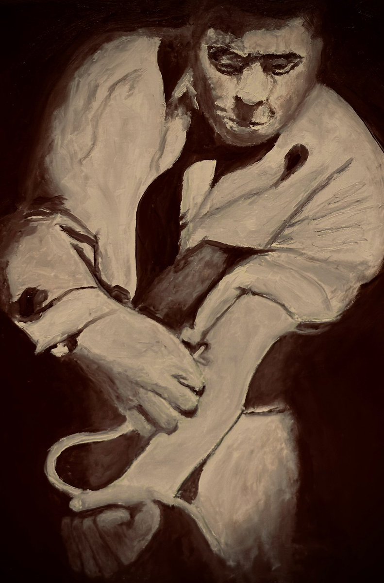 Verner Forsman Taking Matters Into His Own Hands 

Oil on 9 x 12 linen canvas by C. Michael Gibson April 26, 2025 

Forsman performed the first heart #catheterization … on himself 

He went on to win the #Nobel Prize for his work 

#cmgsees #ArtistOnTwitter #Artist