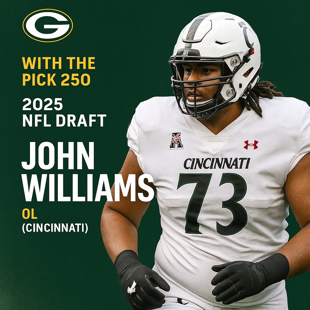 Packers_Mx's tweet photo. Por último también en la Ronda 7 con el pick #250 del Draft 2025, los Green Bay Packers seleccionaron al OL John Williams (Cincinnati).
Tackle izquierdo titular durante dos temporadas, conocido por su consistencia y técnica.
#PackersDraft #NFLDraft https://t.co/IEXMYbCY3f