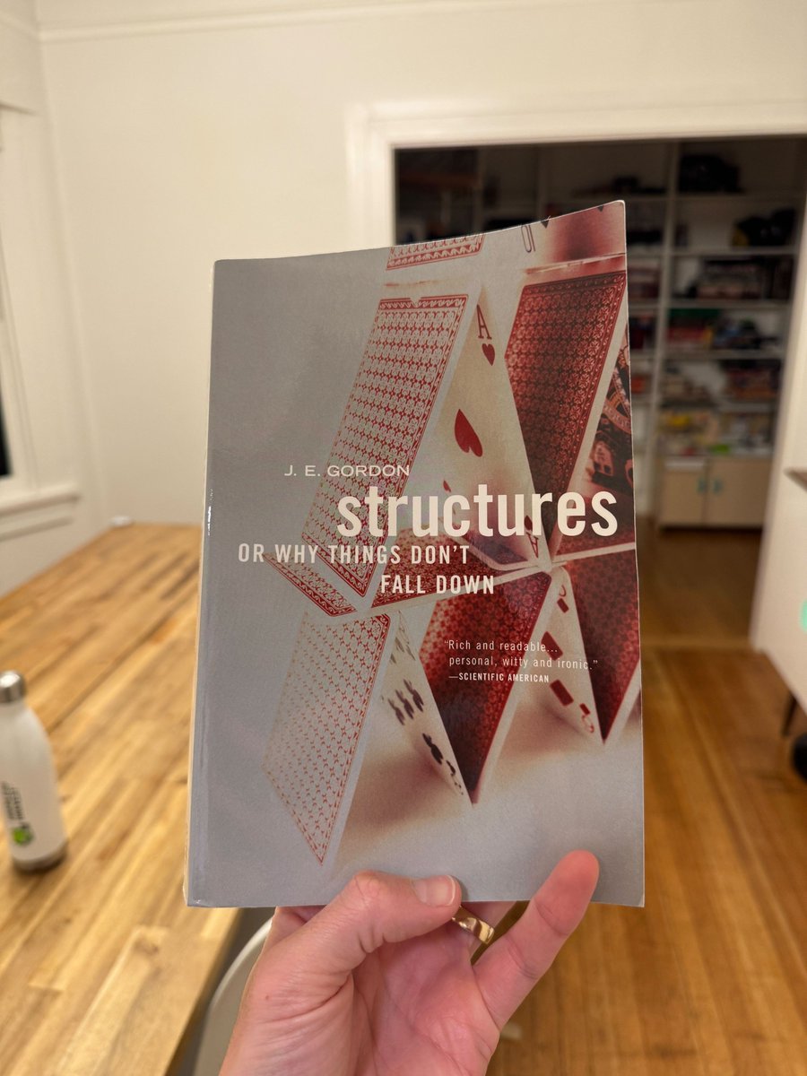 pronounced_kyle's tweet image. Just finished &quot;Structures&quot; by J.E. Gordon.

I loved it! Should be mandatory reading for anyone building real things in the real world. 

It&apos;s a first principles look into why structures fail (or don&apos;t).

Here are my (unedited) notes:
▸ elasticity is all about deflection: if you…