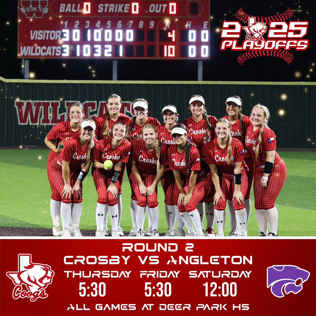 🥎PLAYOFFS ROUND 2🥎
🗓 May 1-3, 2025
🏟 Deer Park HS
🆚 Angleton HS
🕢 Thur/Fri 5:30 &amp; Sat 12:00
🚗 Come see your COOGS battle a tough Angleton Team
⚡️ Bring the ENERGY!!