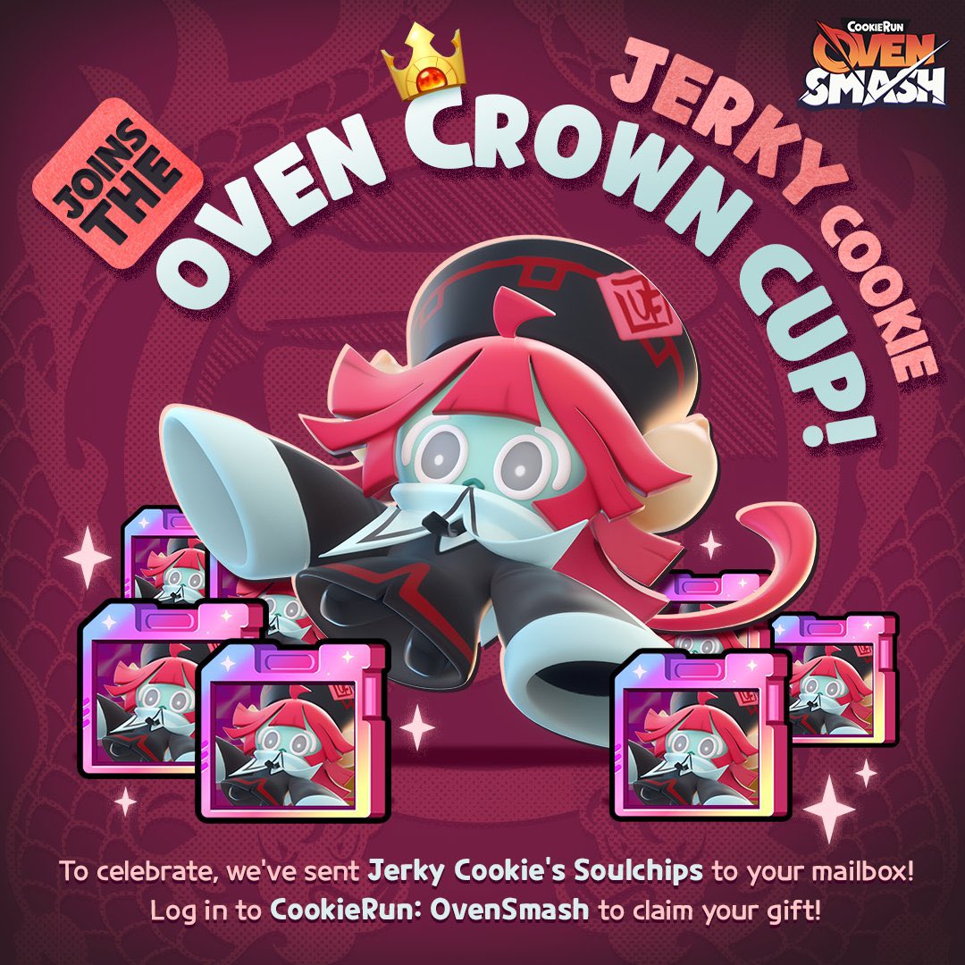 🥓 #JerkyCookie Joins the Fight in Platter City!

Did you grab Jerky Cookie from today's login reward?
🎁 We just dropped bonus Soulchips into your mailbox!

Hop into Platter City now and bring the heat with Jerky Cookie! 🔥

#CookieRun #CookieRunOvenSmash