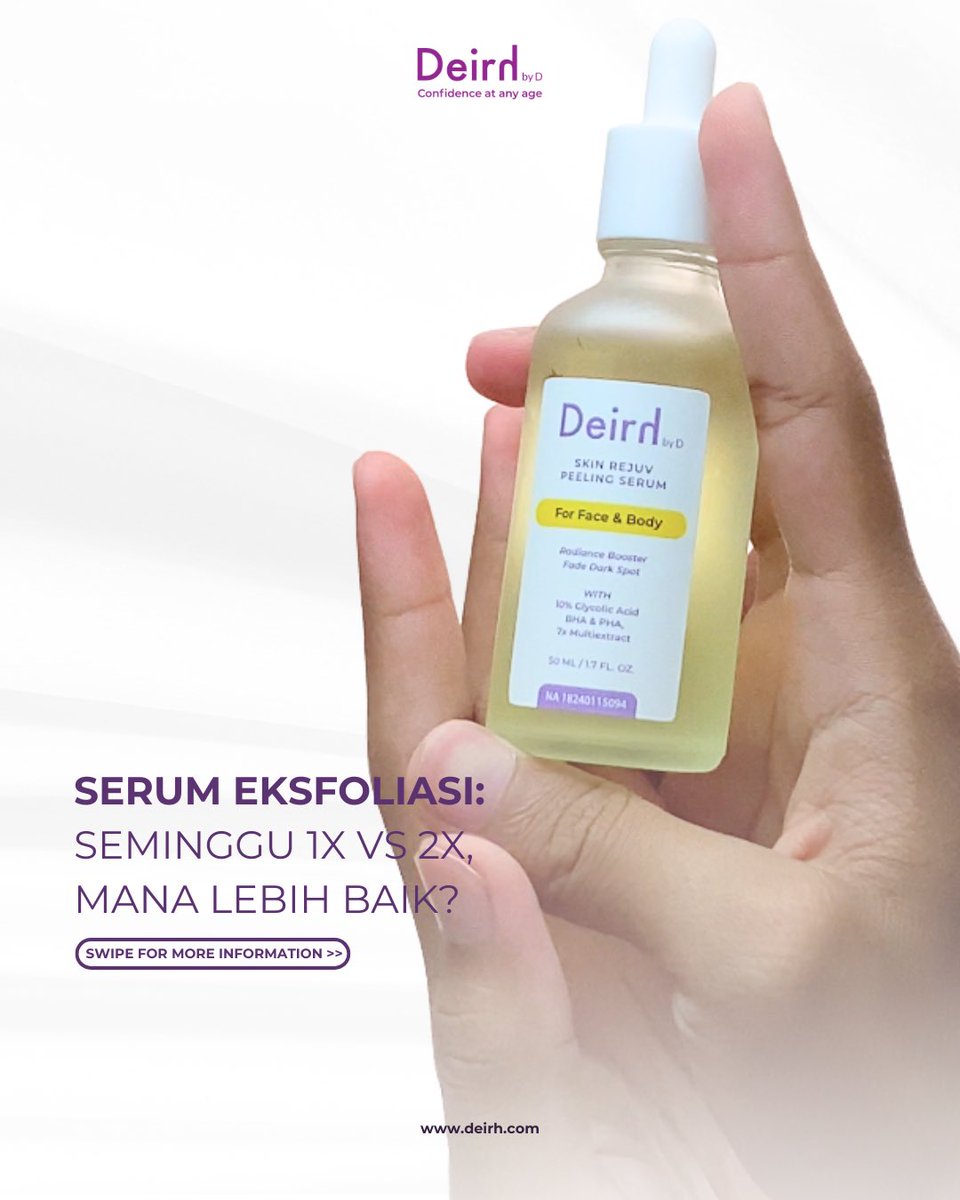 deirhbyd's tweet photo. Bingung memilih serum eksfoliasi: seminggu 1x atau 2x? Keduanya punya manfaatnya tersendiri, tergantung jenis kulit dan kebutuhanmu. Geser ke kiri untuk tahu lebih lanjut.

#Skincare #DeirhByD #AkuPakaiDeirh #PeelingSerum #PeelingSerumDeirh #helevier #برشلونه_ريال_مدريد #paobc https://t.co/w9CCnMa5Kb