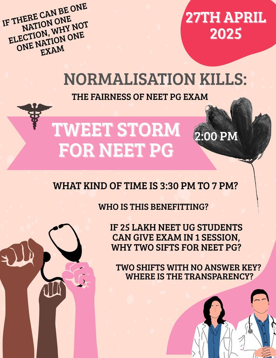 Vivekpandey21's tweet photo. Normalization Kills Fairness ❌

If 25 lakh NEET UG students can give 1 exam in 1 session, why not NEET PG ?

No transparency, no answer key, 2 shifts = UNFAIR

We demand #OneNationOneExam
Join today at 2 PM

@JPNadda @MoHFW_INDIA

#neetpg2025 #NEETPG #NEET2025 https://t.co/62MUPdg9N6