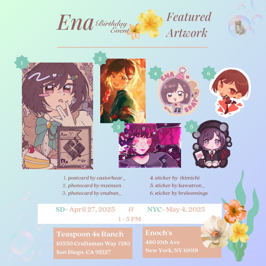 PJSK Ena Bday 🎨 Featured Artwork  

We're delighted to share the artwork that will be given as freebies, while supplies last! A huge thank you to our amazing artists!! 🤎

<a href="/castorbear_/">castor ❄️</a> 
<a href="/mzenszn/">joe mama</a> 
<a href="/enabun_/">e ☕️</a> 
<a href="/tkimichi/">kim ⋅˚₊‧ ଳ ‧₊˚ ⋅ AX D2</a> 
<a href="/kawatron_/">sere🪼</a> 
<a href="/breloomings/">daniel 🪴</a> 

📆 SD April 27 | NYC May 4  
1-5 PM