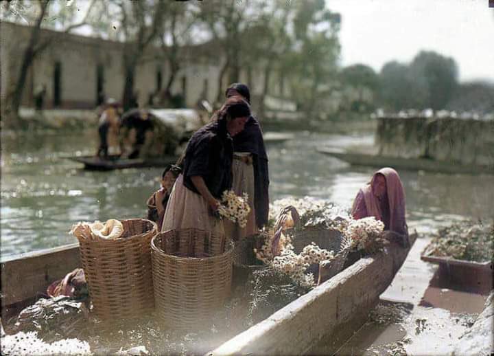 Cuauhtemoc_1521's tweet image. Una vendedora de flores del Canal de la Viga en una chalupa aproximadamente 120 años atrás. Atrás una trajinera paseando por las aguas. Para 1921 las autoridades decidieron desaparecer el canal para cubrirlo de cemento y asfalto, para volverlo una avenida para los vehículos #CDMX