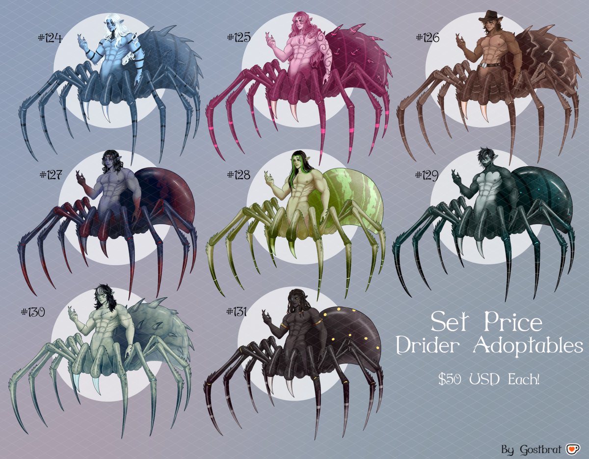 Gostbrat's tweet photo. SET PRICE: $50 USD EACH! 
CLAIM ON KO-FI SHOP HERE: https://t.co/dAZZdv72g4
. 
#dnd #adoptables #adopt #dungeonsanddragons #spider #drider #drideradopts #oc #originalcharacter #Kofi #anime #animestyle #setprice #fixedprice #setpriceadoptable #setpriceadopt #dndadopt #dnddrider https://t.co/6JMevIRHhV