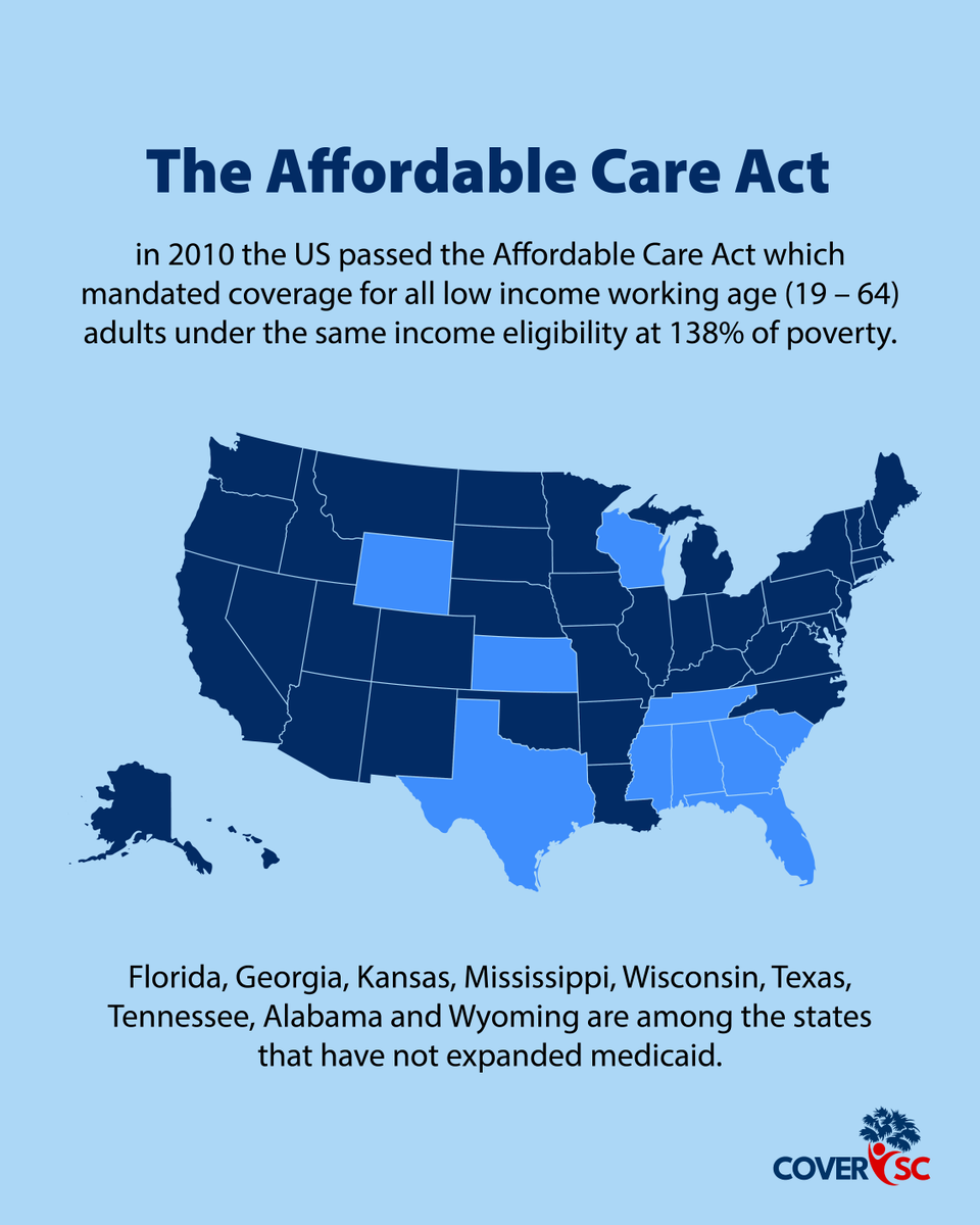 CoverSC_'s tweet photo. A Supreme Court decision allows this expanded coverage to be at State discretion. To date, 40 states have extended coverage under the Affordable Care Act – SC is one of only 10 states that have not, leaving a large health insurance coverage gap for thousands of people. https://t.co/lwuRkFxtgN