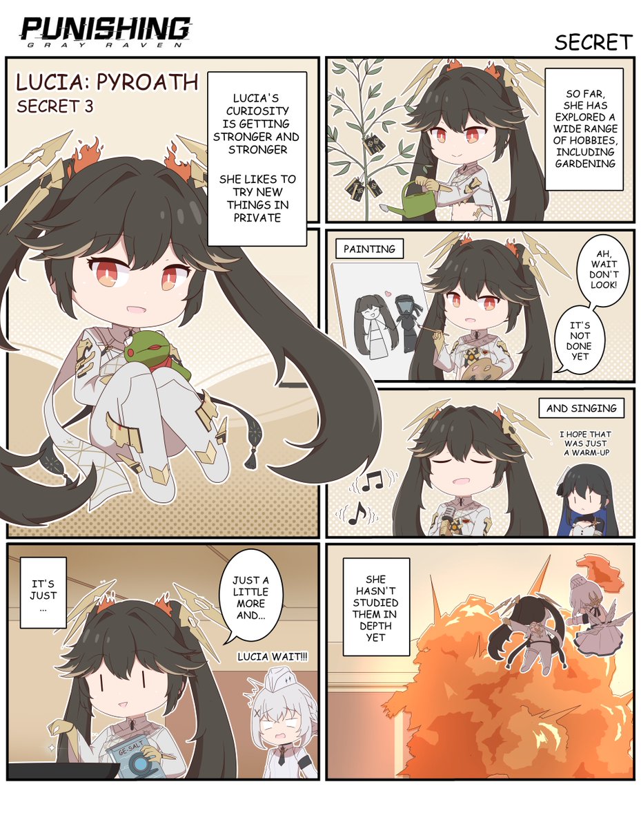 Lucia has so many hobbies! Explosions? Just… a side effect.

Thanks to <a href="/NohaNohaneID/">Noha Nohane</a> for providing this fun comic!
#punishinggrayraven #PGR
