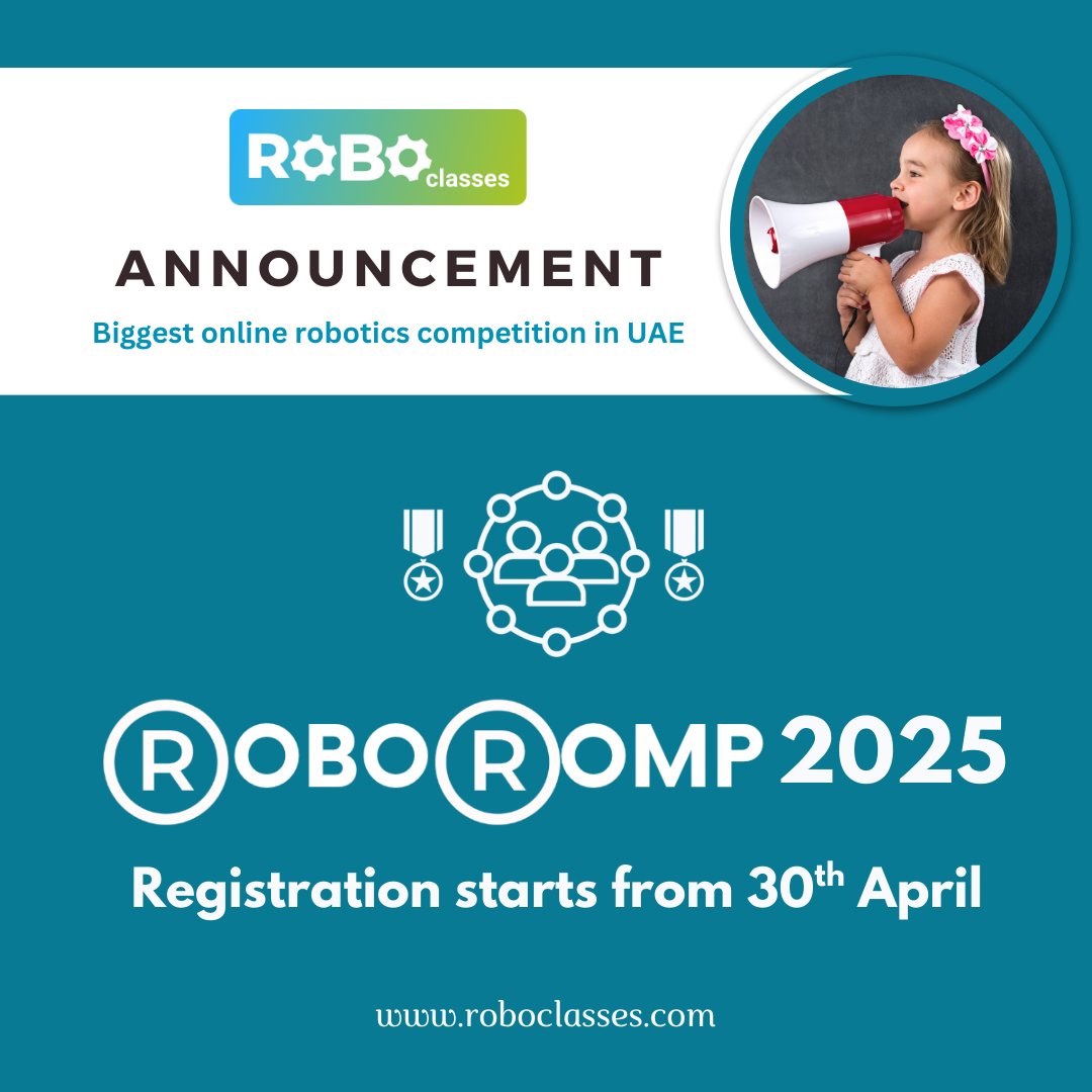 ClassesRobo's tweet image. Announcing ROBO ROMP 2025. Registration opens on 30th April.
#roboticscompetition #roboticsforkids #roboclasses #roboromp