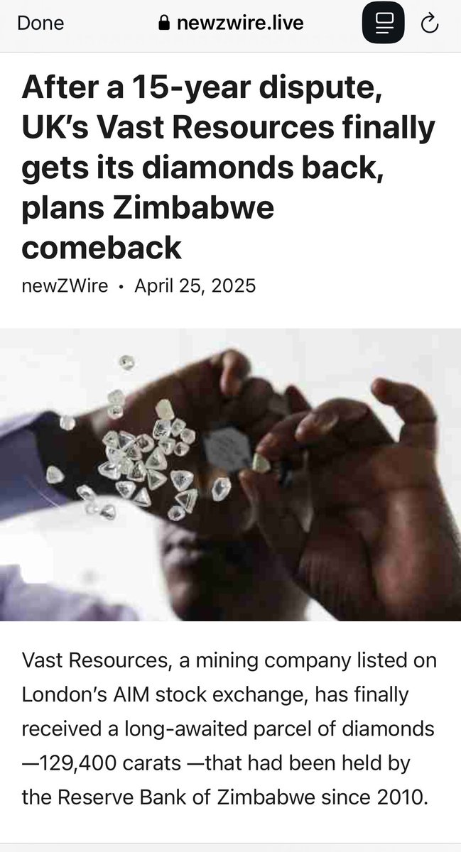 𝑲𝒖𝒅𝒛𝒂𝒊 𝑴𝒖𝒕𝒊𝒔𝒊 (@kmutisi) on Twitter photo Vast Resources is a British company.
It mined diamonds in Zimbabwe.
In 2010, there was a dispute with Zim govt, 129 400 carats of diamonds were taken from the company & kept at RBZ. 
15 years later, the company got back ITS DIAMONDS.
The “our minerals” gang, where are you? Vast Resources is a British company.
It mined diamonds in Zimbabwe.
In 2010, there was a dispute with Zim govt, 129 400 carats of diamonds were taken from the company & kept at RBZ. 
15 years later, the company got back ITS DIAMONDS.
The “our minerals” gang, where are you?