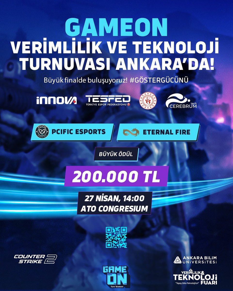 🎮 GAMEON Verimlilik ve Teknoloji Turnuvası’nda büyük final heyecanı sizlerle!
💥 PCIFIC Esports vs Eternal Fire
📍 27 Nisan Pazar, 14:00, Ankara ATO Congresium
📺 Canlı Yayın: twitch.tv/verimlilikvete…
🔗 Kayıt: verimlilikveteknoloji.com/yeni-ziyaretci…

#GAMEONVT #VerimlilikveTeknolojiFuarı2025