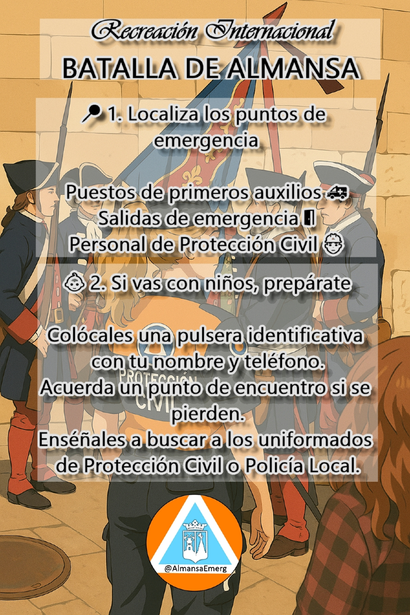 ⚔️ Recreadores y visitantes, bienvenidos a Almansa!
Encontrarás Policía y Protección Civil patrullando el mercado, los campamentos y el campo de batalla

✅ Sigue sus indicaciones
📞 En caso de emergencia, llama al 112
🏰 Disfruta de la ciudad con seguridad!

#BatallaDeAlmansa