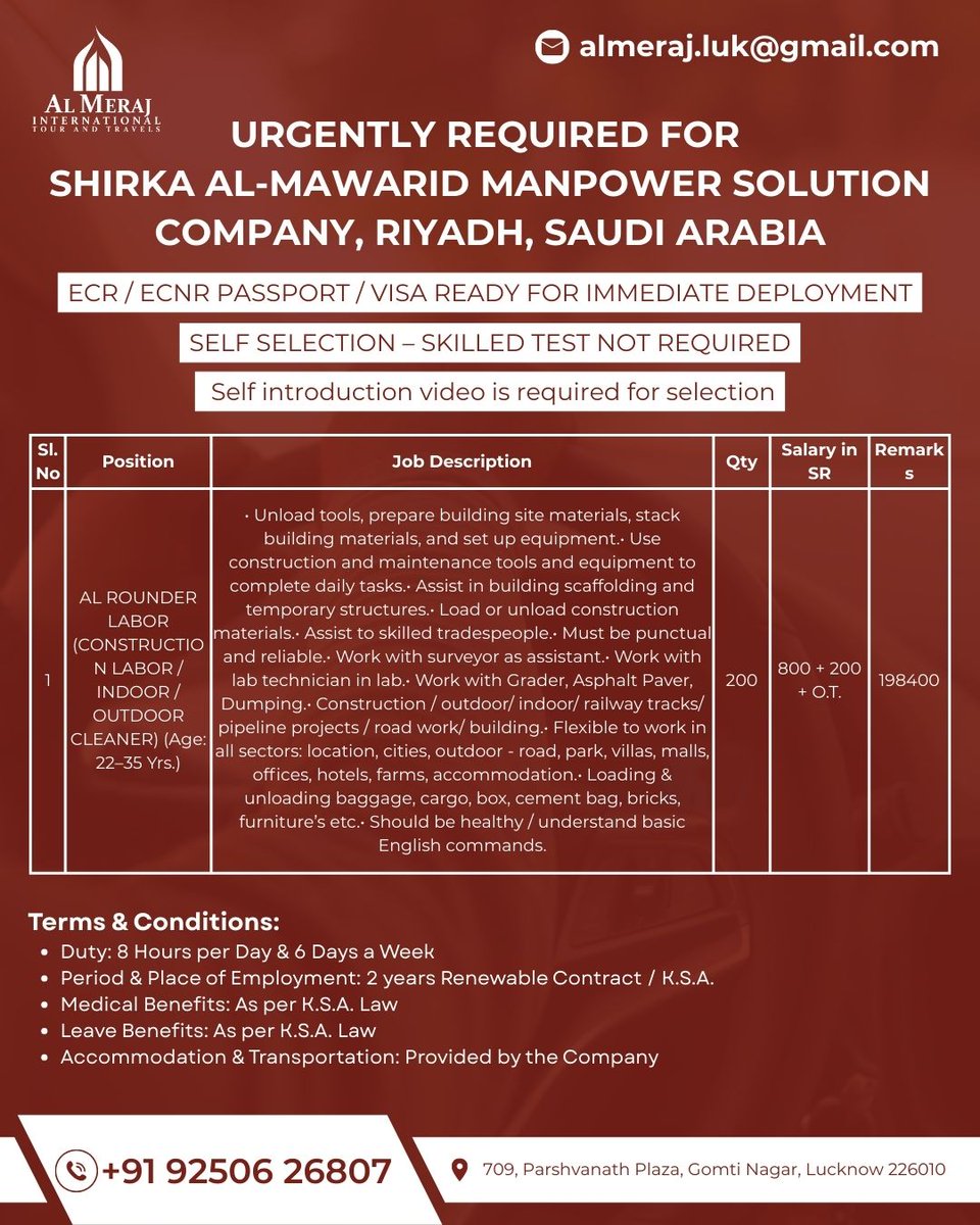 AlMeraj_Agency's tweet photo. New Opportunity Alert!
Dreaming of working abroad?
We’re hiring Al Rounder Labor for a top company in Riyadh, Saudi Arabia — no skill test required!
🔹 Salary: 800 + 200 + O.T (SAR)
Contact us today: +91 92506 26807
Visit us: 709, Parshvanath Plaza, Gomti Nagar, Lucknow https://t.co/CQYxVMCBlz