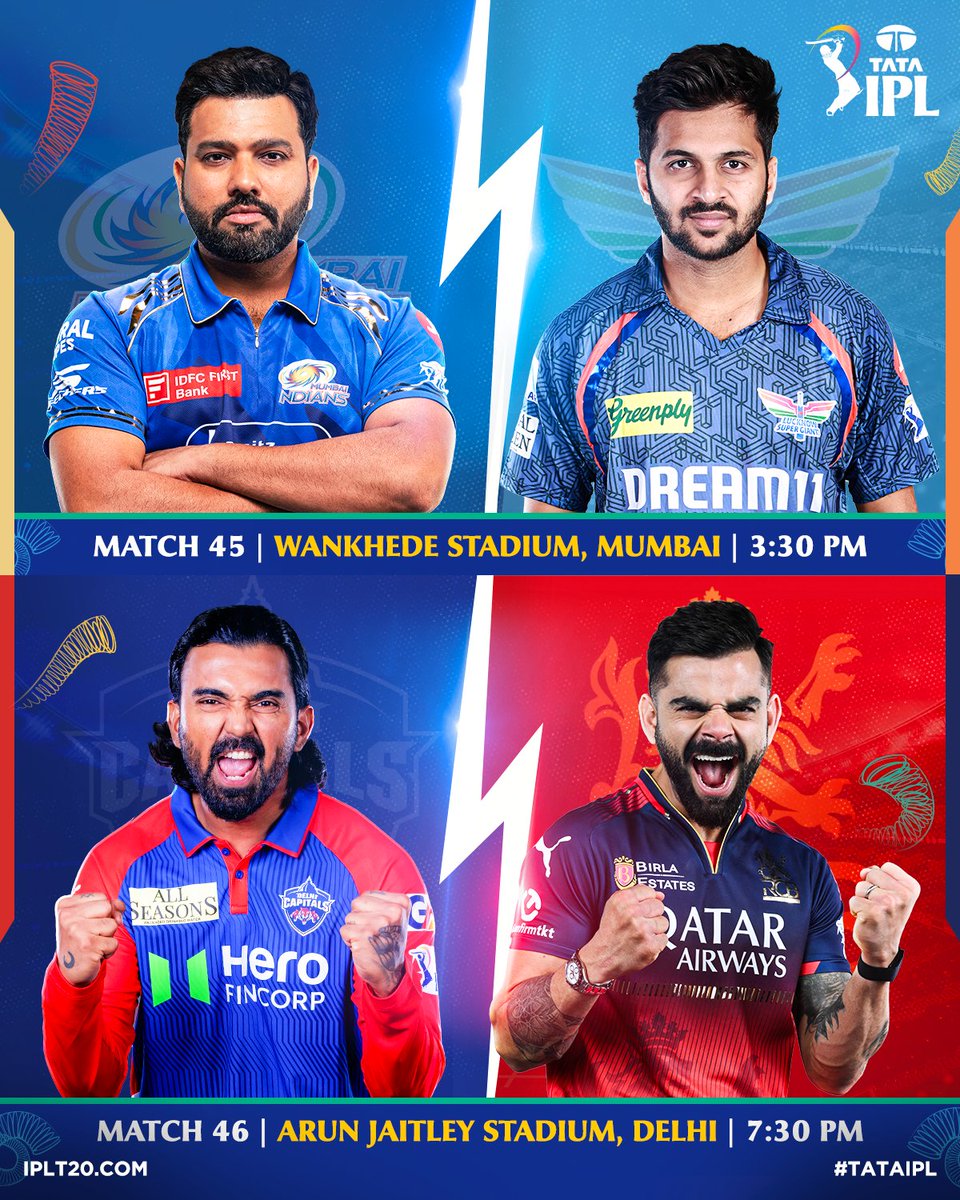 IndianPremierLeague (@ipl) on Twitter photo Super Sunday is here! 🤩
Which clash are you most excited to watch? 🤔
#TATAIPL | #MIvLSG | #DCvRCB | <a href="/mipaltan/">Mumbai Indians</a> | <a href="/LucknowIPL/">Lucknow Super Giants</a> | <a href="/DelhiCapitals/">Delhi Capitals</a> | <a href="/RCBTweets/">Royal Challengers Bengaluru</a> Super Sunday is here! 🤩
Which clash are you most excited to watch? 🤔
#TATAIPL | #MIvLSG | #DCvRCB | <a href="/mipaltan/">Mumbai Indians</a> | <a href="/LucknowIPL/">Lucknow Super Giants</a> | <a href="/DelhiCapitals/">Delhi Capitals</a> | <a href="/RCBTweets/">Royal Challengers Bengaluru</a>