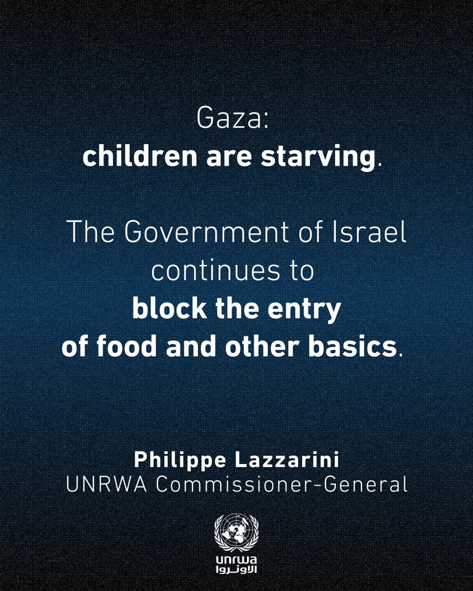 UNRWA's tweet photo. “#Gaza: children are starving.

The Government of Israel continues to block the entry of food and other basics.

A manmade and politically motivated starvation.

Nearly 2 months of siege.

Calls to bring in supplies are going unheeded.”

- @UNLazzarini https://t.co/wHMV4BuFLQ