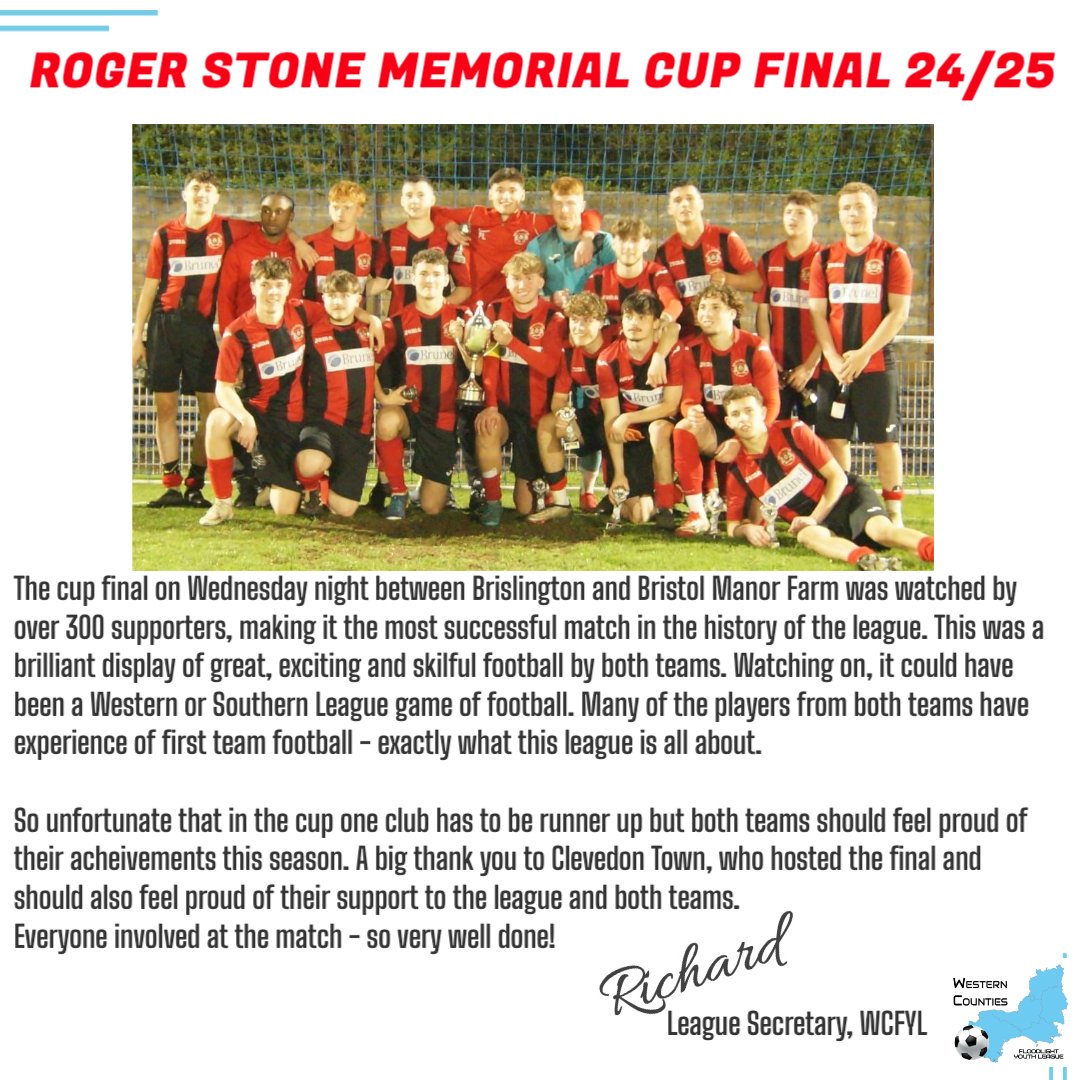 A message from our secretary following this weeks hugely successful cup final between <a href="/brisfcu18/">Brislington FC U18</a> and <a href="/BMFU18s/">Bristol Manor Farm U18s</a> 
<a href="/swsportsnews/">South West Sports News</a> <a href="/NonLeagueCrowd/">Non League Crowds</a> <a href="/NonLeagueFix/">NonLeagueFixtures</a> <a href="/NonLeagueHQ1/">NonLeagueHQ</a> <a href="/bsoccerworld/">Bristol Soccerworld</a>