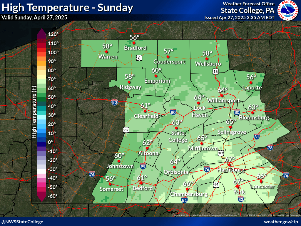 NWSStateCollege's tweet photo. A breezy Sunday is in store, especially across eastern Pennsylvania, with plentiful sunshine and seasonable temperatures statewide. #ctpwx https://t.co/OxIN5PEaVm