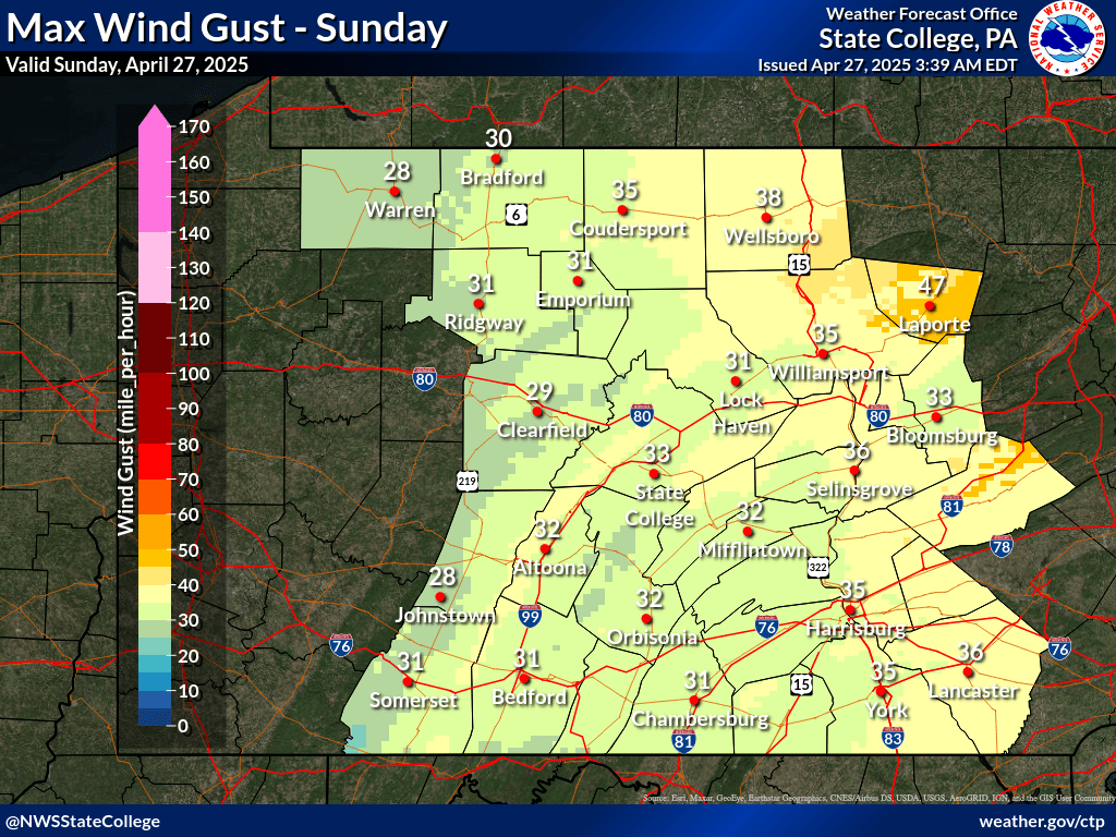 NWSStateCollege's tweet photo. A breezy Sunday is in store, especially across eastern Pennsylvania, with plentiful sunshine and seasonable temperatures statewide. #ctpwx https://t.co/OxIN5PEaVm