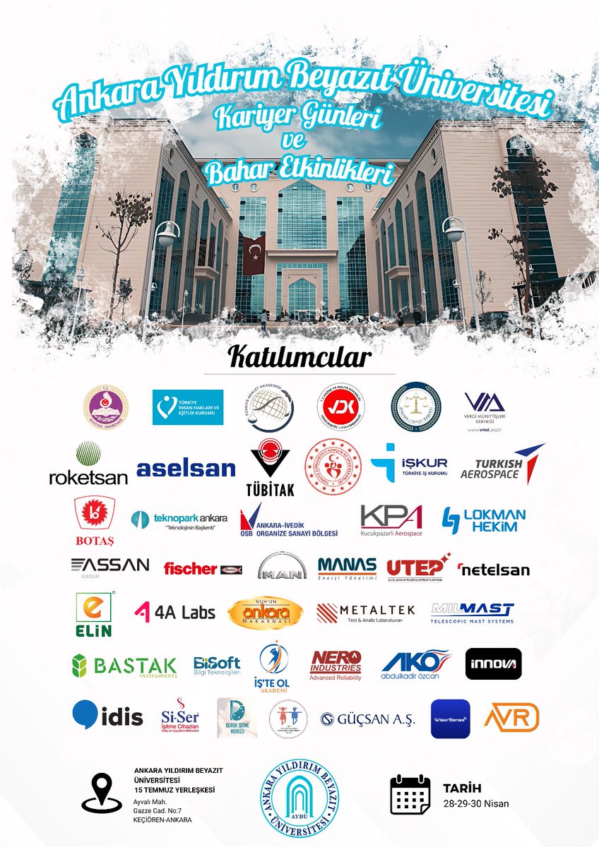 Ankara Yıldırım Beyazıt Üniversitesi Kariyer Günleri ve Bahar Etkinlikleri, 28-30 Nisan tarihleri arasında 15 Temmuz Şehitleri Yerleşkesinde gerçekleştirilecektir.

<a href="/acengizkoseoglu/">Ali Cengiz Köseoğlu</a>