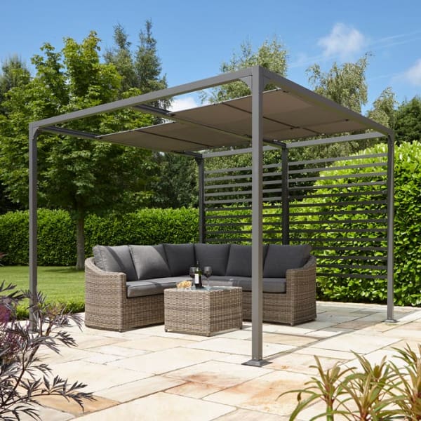 The Florence Canopy  is a contemporary outdoor structure with a sliding roof which  can be partially opened.The open slatted screen on the side has 4 sliding shade panels above. Made from a powder coated aluminium  the grey finish gives a modern appearance to the canopy. £549.