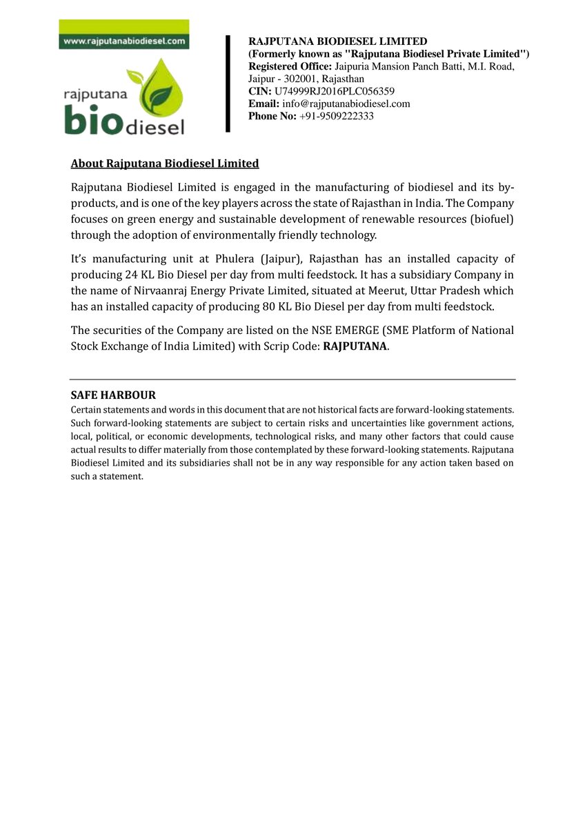 📌 Rajputana Biodiesel Ltd informed the exchange about securing an order valued at approximately ₹51.13 crore for supply of 6,034 KL of biodiesel to IOCL, BPCL, and HPCL from April 2025 to July 2025. The order enhances revenue visibility for FY 2025–26 and includes supply